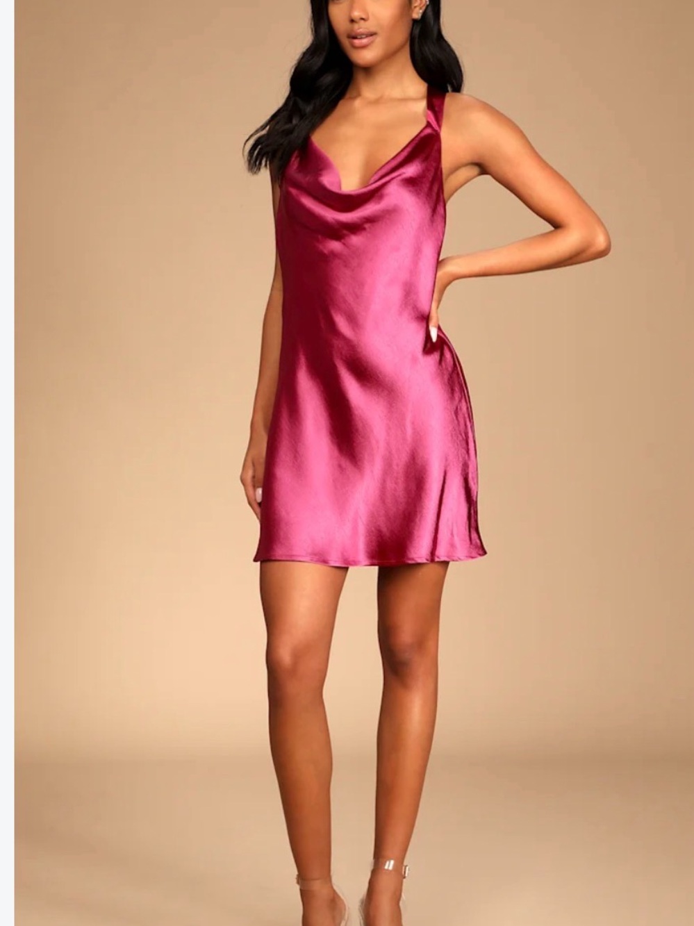 Lulu's Satin Cowl Slip Dress in Berry Pink